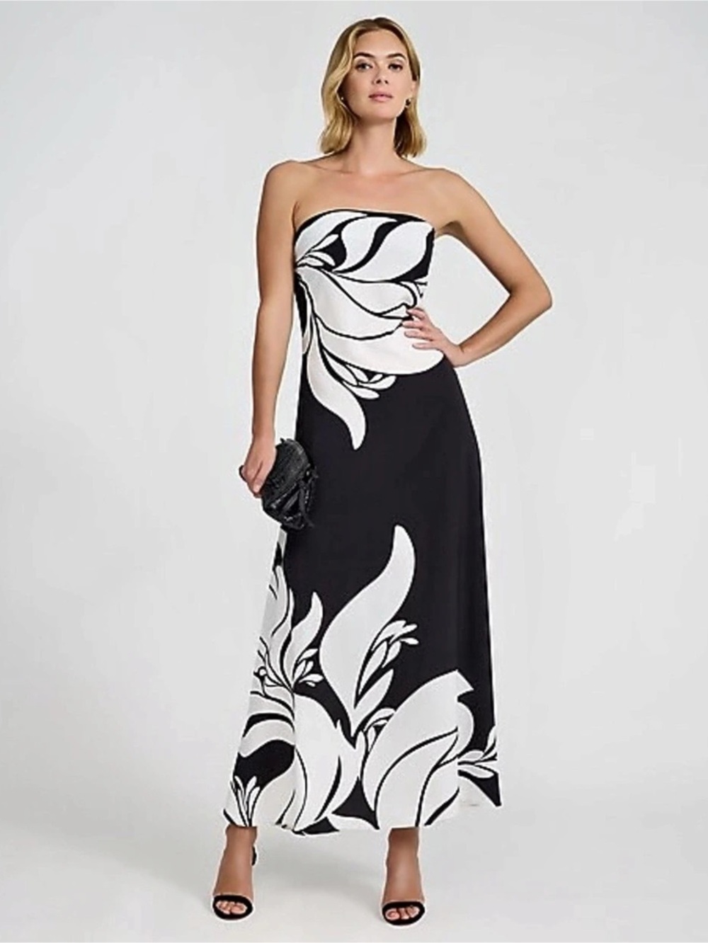 Express Floral Strapless Maxi Sheath Dress With Pockets Black & White Size Mediu